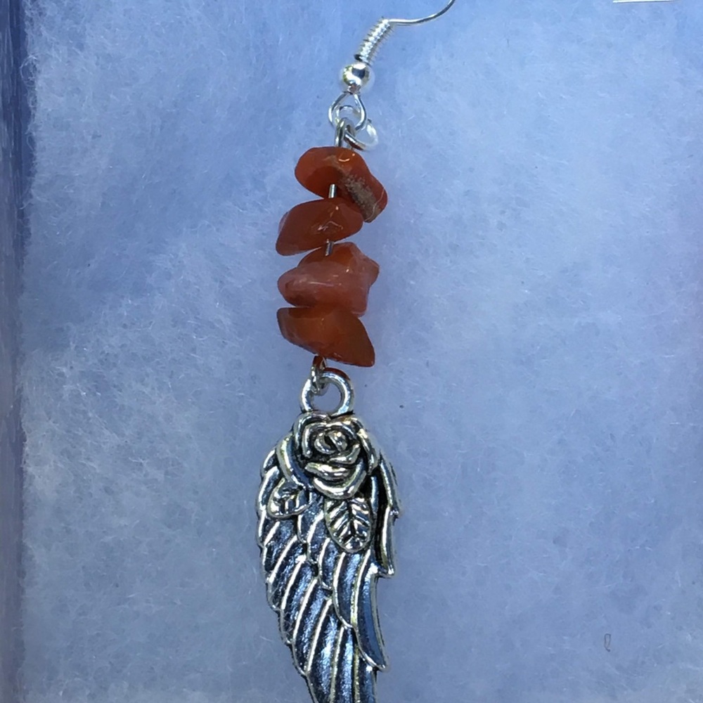 Red Fire Agate Silver Angel Wing Dangle Earrings - Picture 3 of 8